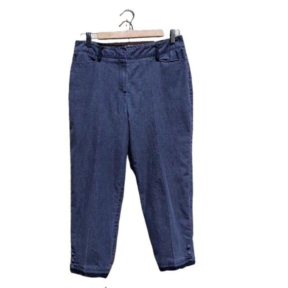 Larry Levine Pants Womens 8 Cropped Mid Rise Carrot Lace Button‎ Details Black